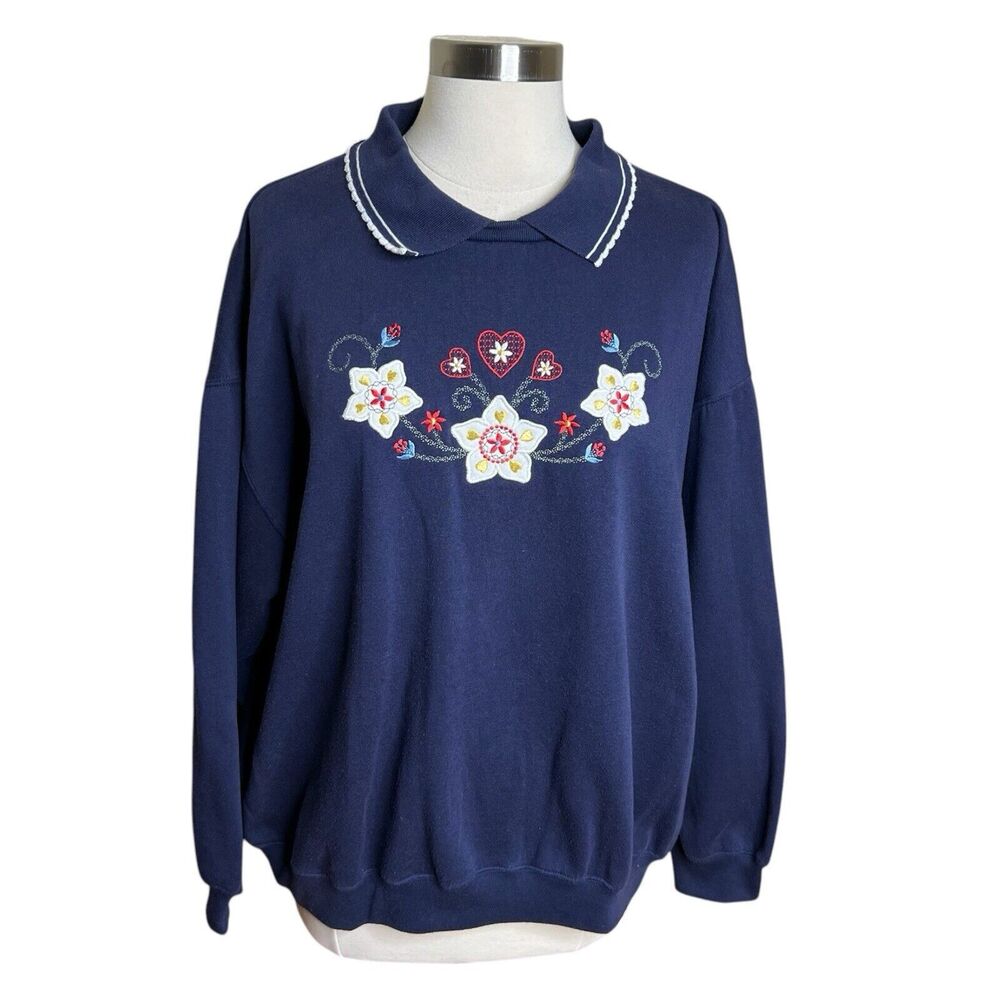 3/$30 VTG Bold Spirit Sweater Womens Size XL Blue Hearts Stars Collar Crewneck
